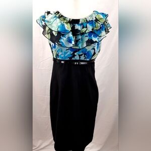 AB Studio Womens Dress Black Aqua Blue Floral Short Sleeve Ruffles Belted Size 6